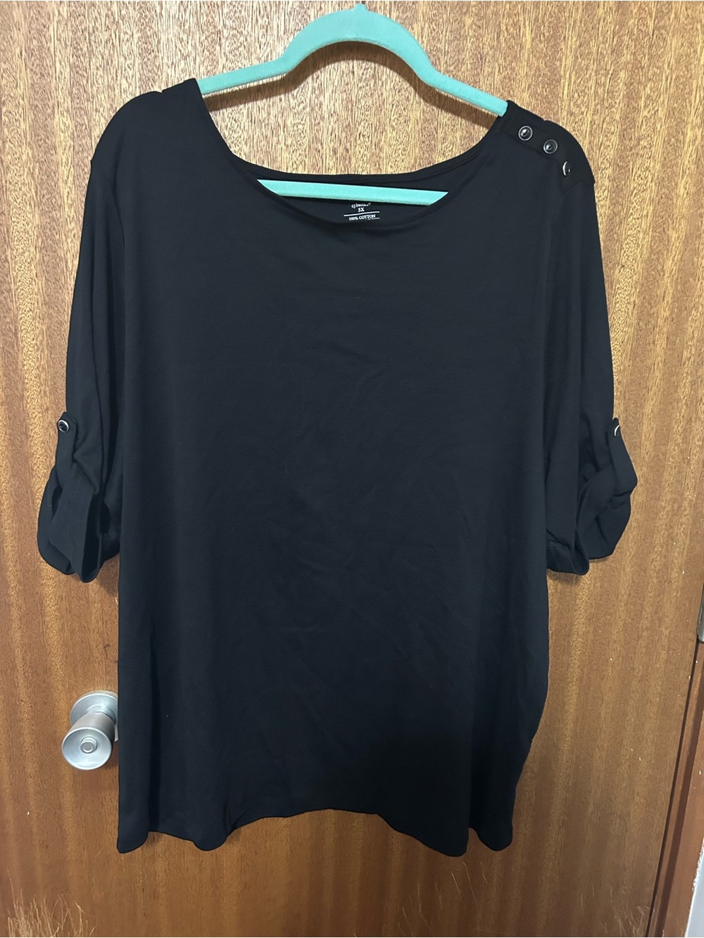 CJ Banks Black Boatneck Tunic with Button-Accent Shoulders